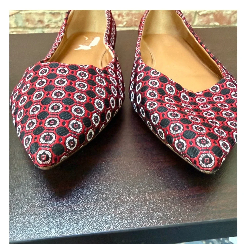 J.Crew Womens Pointed Toe Flats Red Black Geometric Jacquard Size 8.5